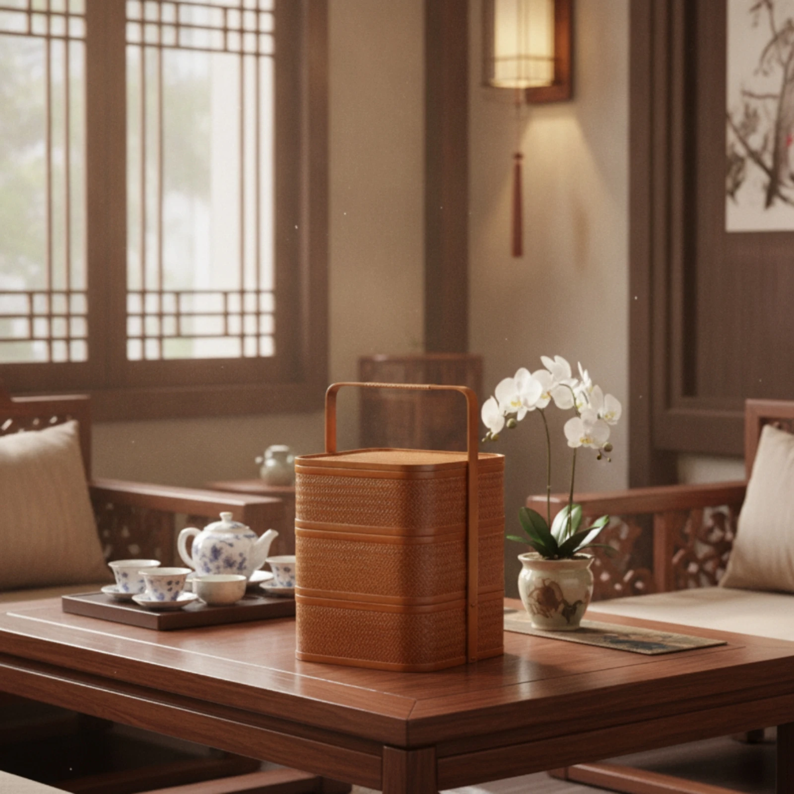 Three-Tier Carrying Box Stackable Woven Box with Handle Bamboo Storage Basket with Lid Vintage Storage Basket with Lid for Hosts