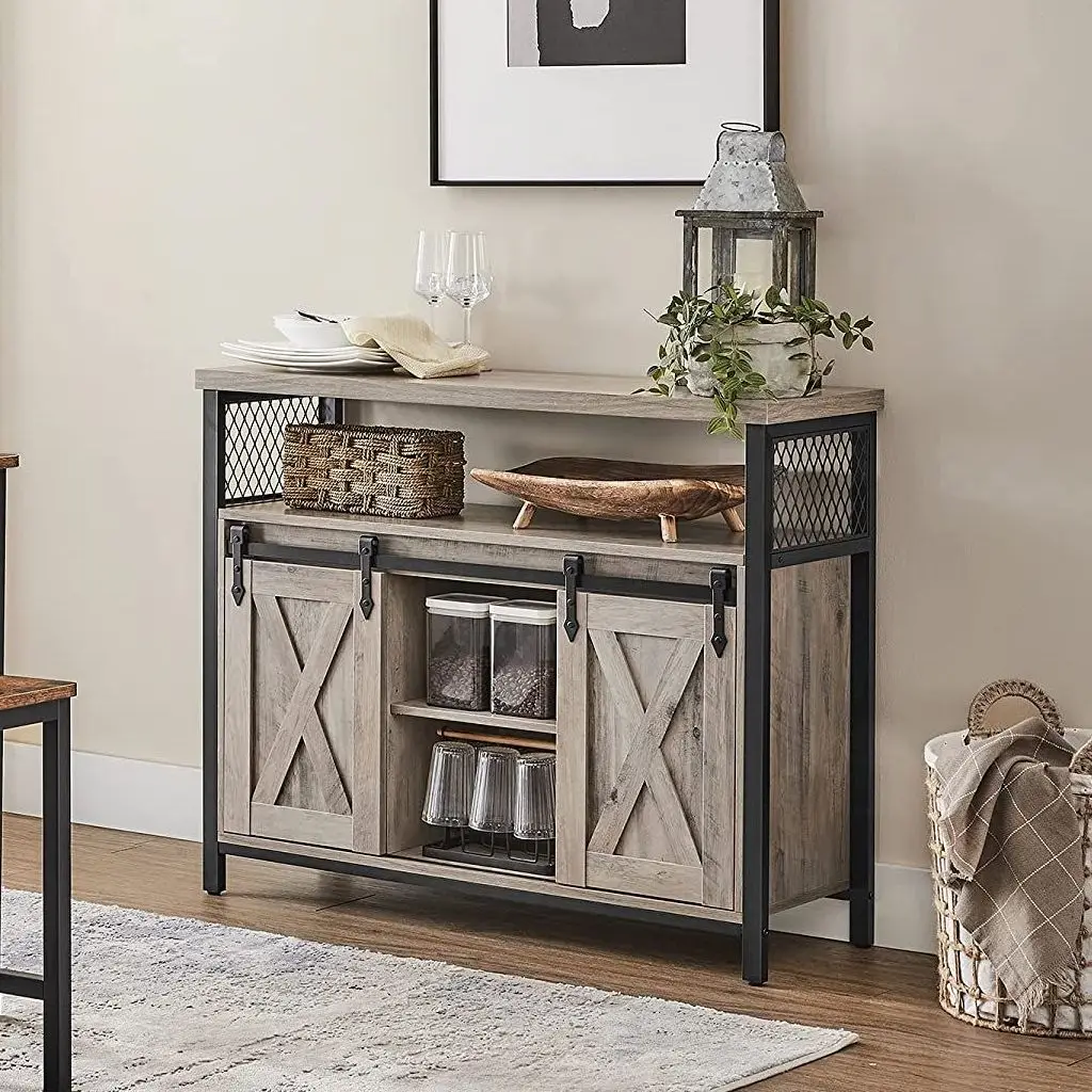 Dining Room Sideboard, Kitchen Cupboard, Storage Cabinet, Rolling Barn Doors, Adjustable Shelf, Industrial Style, Greige and Bla