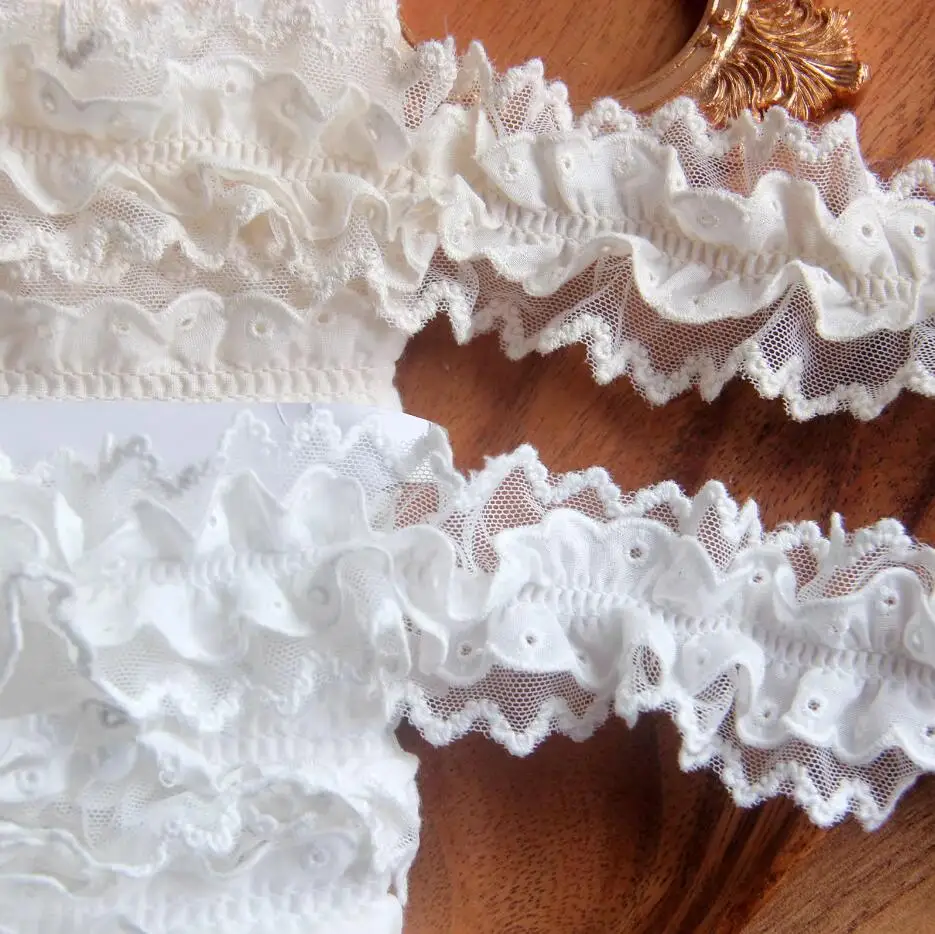 New 5cm 1yards/lot Customized Black/White/Beige Mesh and Cotton Lace 2Layer 3D Pleated Lace Trim Materials X002