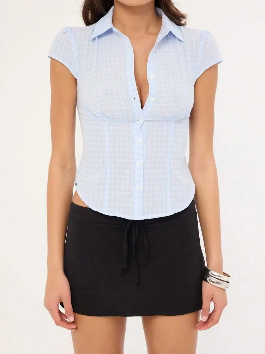 Womens Button Down Short Sleeve V Neck Plaid Waisted Blouse Casual Top