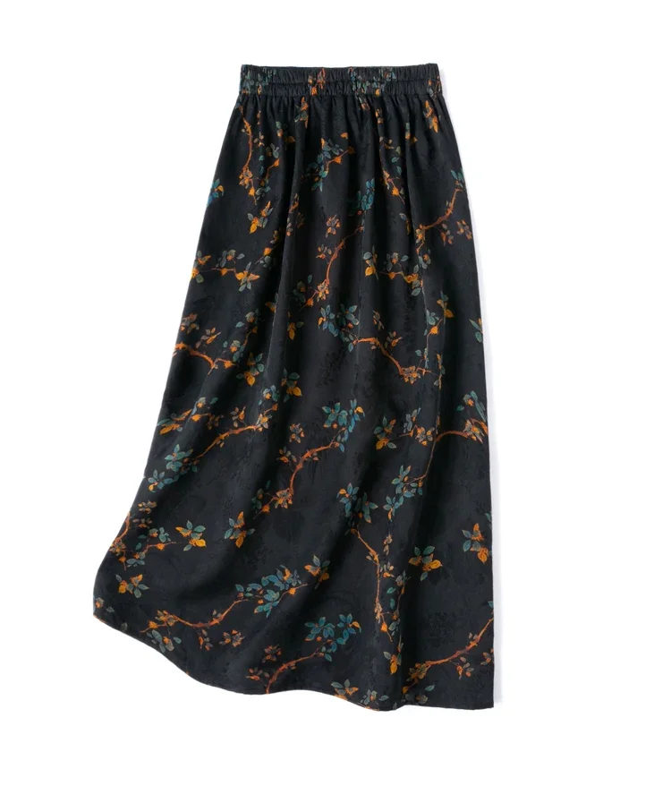 

Tcyeek, 100%Real Silk Elegant Skirts, Women Elastic Waist Floral Print, Retro Fashion A-Line Skirt, 2024 Summer New B46155QM