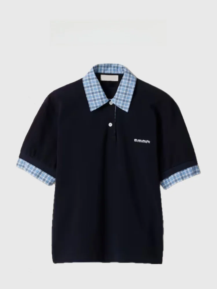 

LOTTIE High-End 25 New Blue Plaid Patchwork irt Letter Bae College Sle Fake Two-Piece Cotton Busin Casual Top