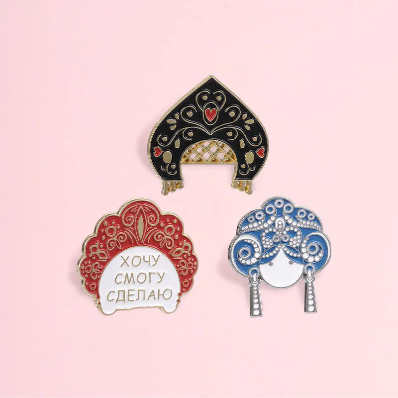Creative Retro Russian Language Ethnic Style Carved Traditional Headwear Brooch Cartoon Alloy Badges Pins DIY Bags Hat Clothes