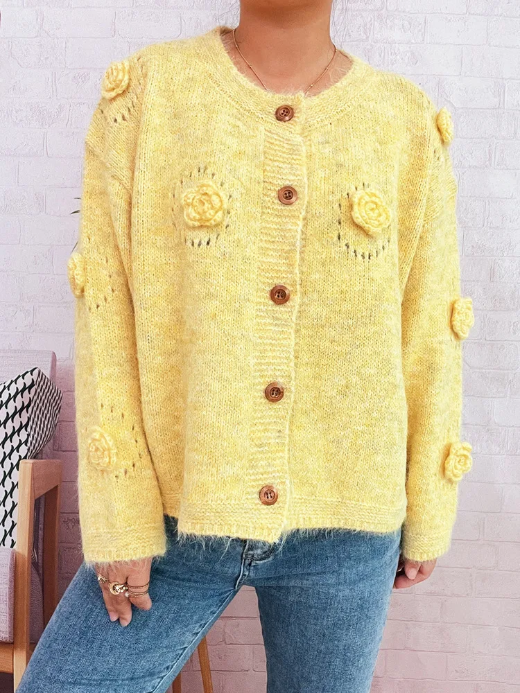 

autumn winter Flower Hollow Knitted Cardigan Jacket Women 2025 Korean Fashion Solid Color Single Breasted Sweater Coats