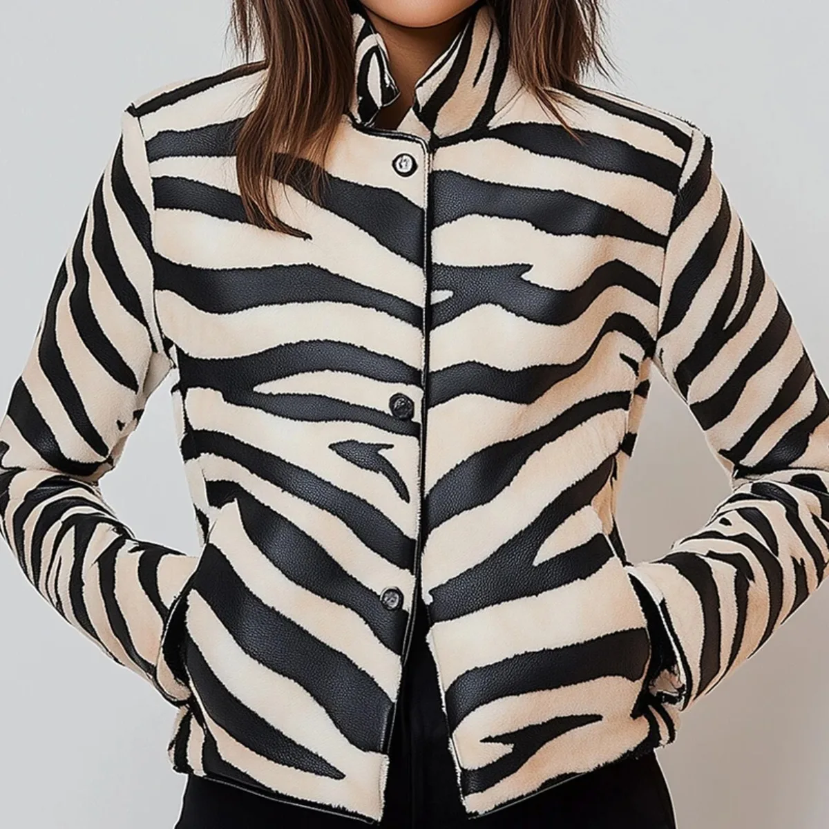 Women's Zebra Print PU Leather Jacket Stand Collar Button Front Pocket Short Cropped Faux Leather Outerwear Streetwear Coat