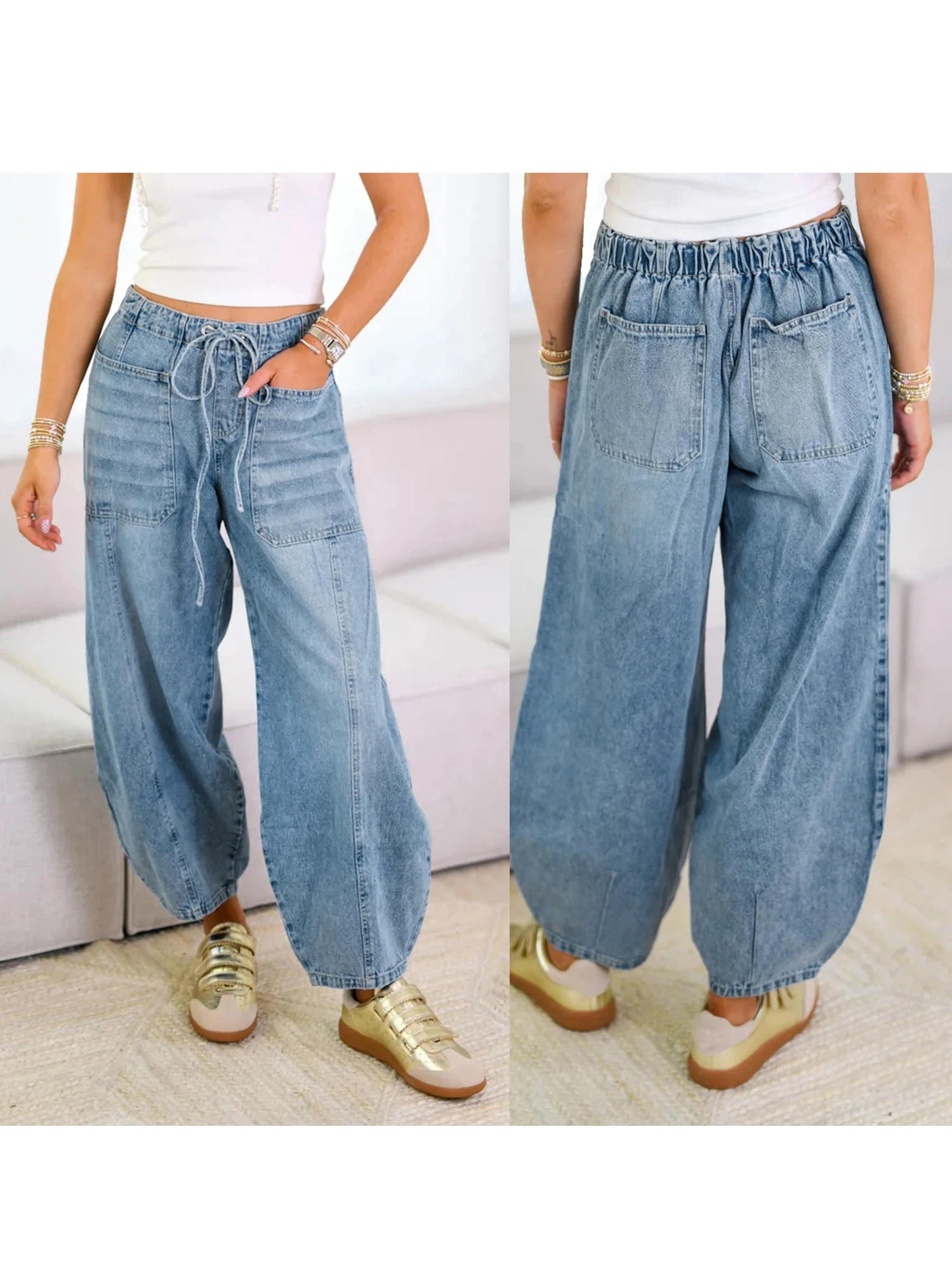 Jeans da donna Pantaloni larghi solidi allacciati in vita elastica Streetwear con tasche per tutti i giorni