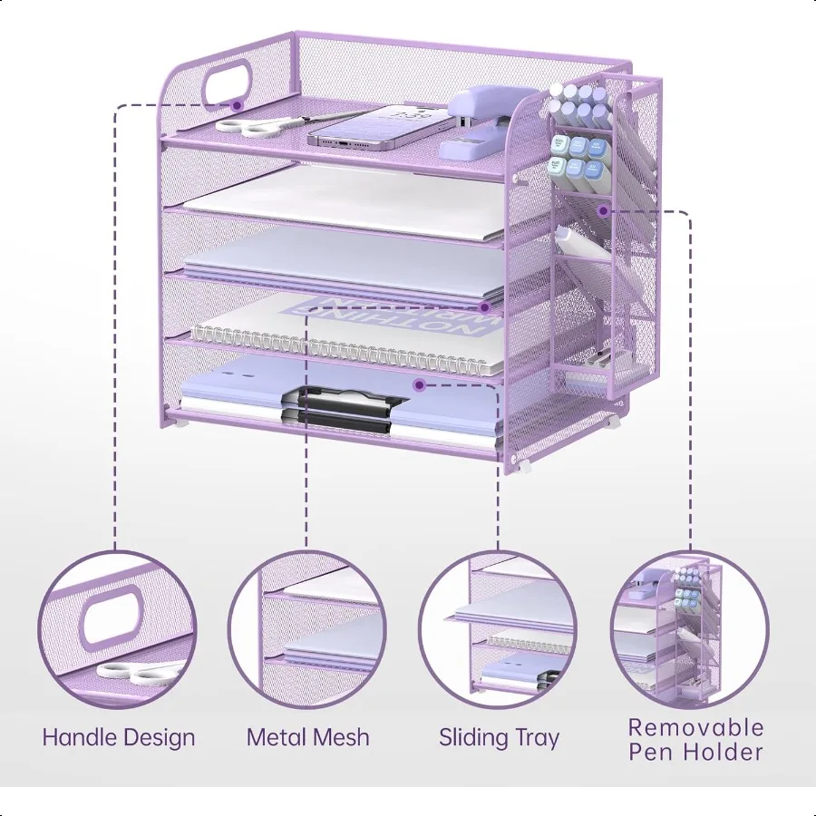 EASY 5-уровневый настольный органайзер с ручкой, съемные держатели для ручек, сетчатый органайзер для бумажных файлов для стола, бумажный лоток для писем, органайзер для