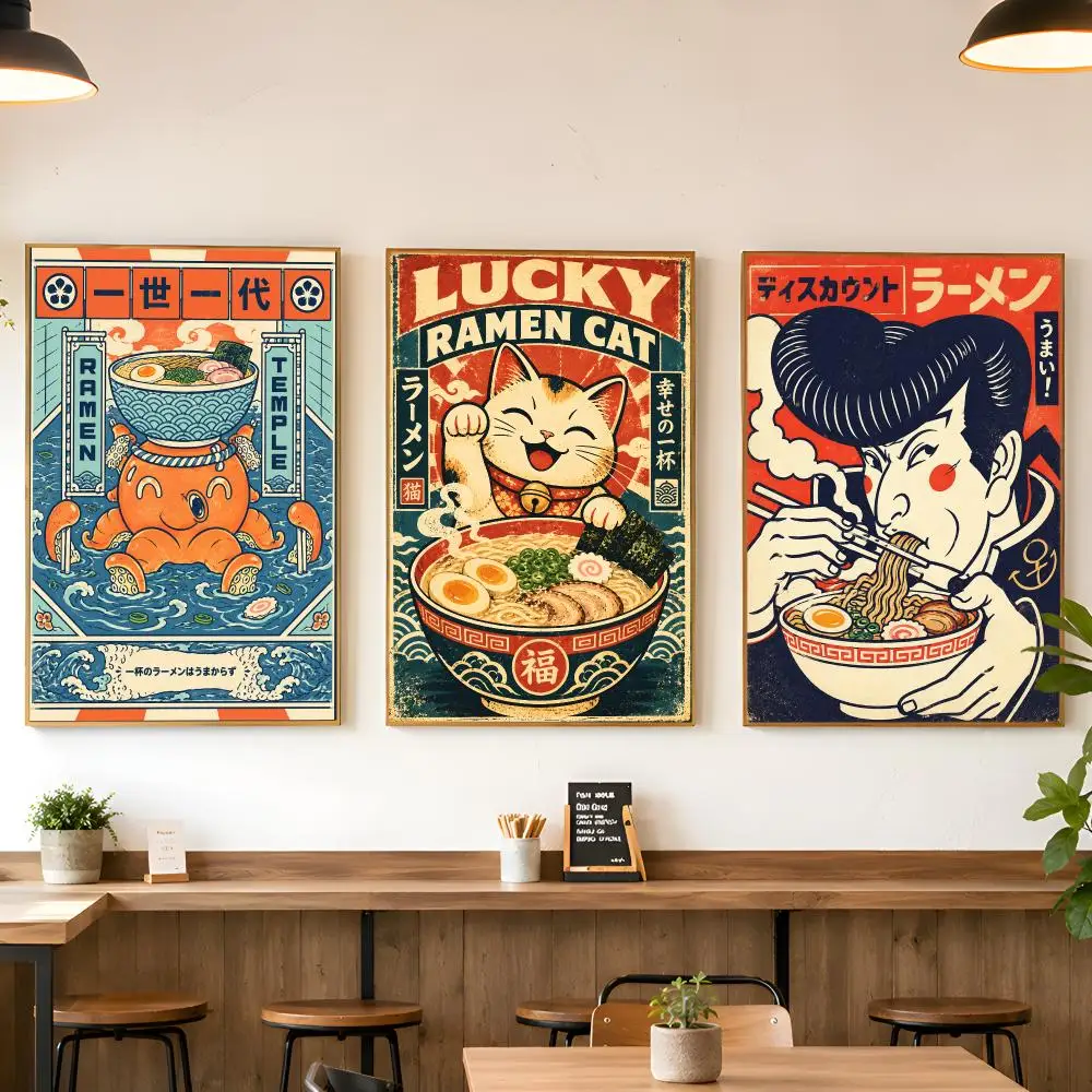 Showa Ukiyo-e Cat Ramen Festival Poster Matte Wall Peel And Stick Decor Bedroom Living Room Office Dorm Home