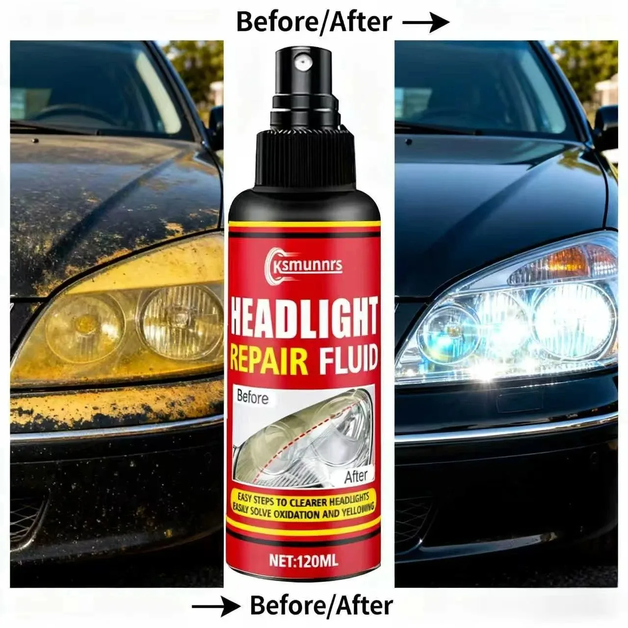 Headlight Repair Fluid, Dramatic Before-after, Clear Effect, Fixes Oxidation and Yellowing in Easy Steps, Restores Bright Head