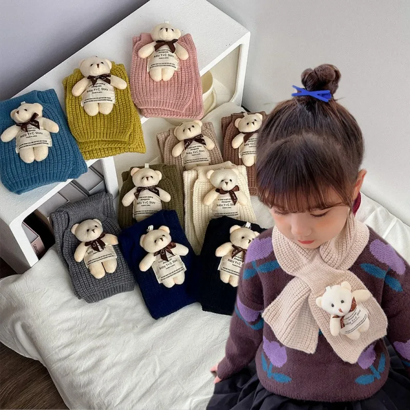 2024 Kids Winter Scarf Baby Girls Boys Cute 3D Cartoon Doll Bear Scarfs Kawaii Knitted Scarf Christmas Halloween Gifts Bufandas