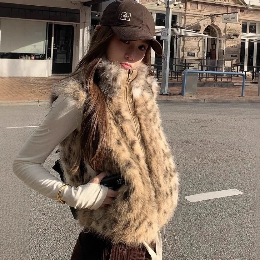 

Women Faux Fur Vest Coats Short Fur Jackets Reversible Zipper Drawstring Stand Collar Sleeveless Loose Casual 2025 Autumn Winter