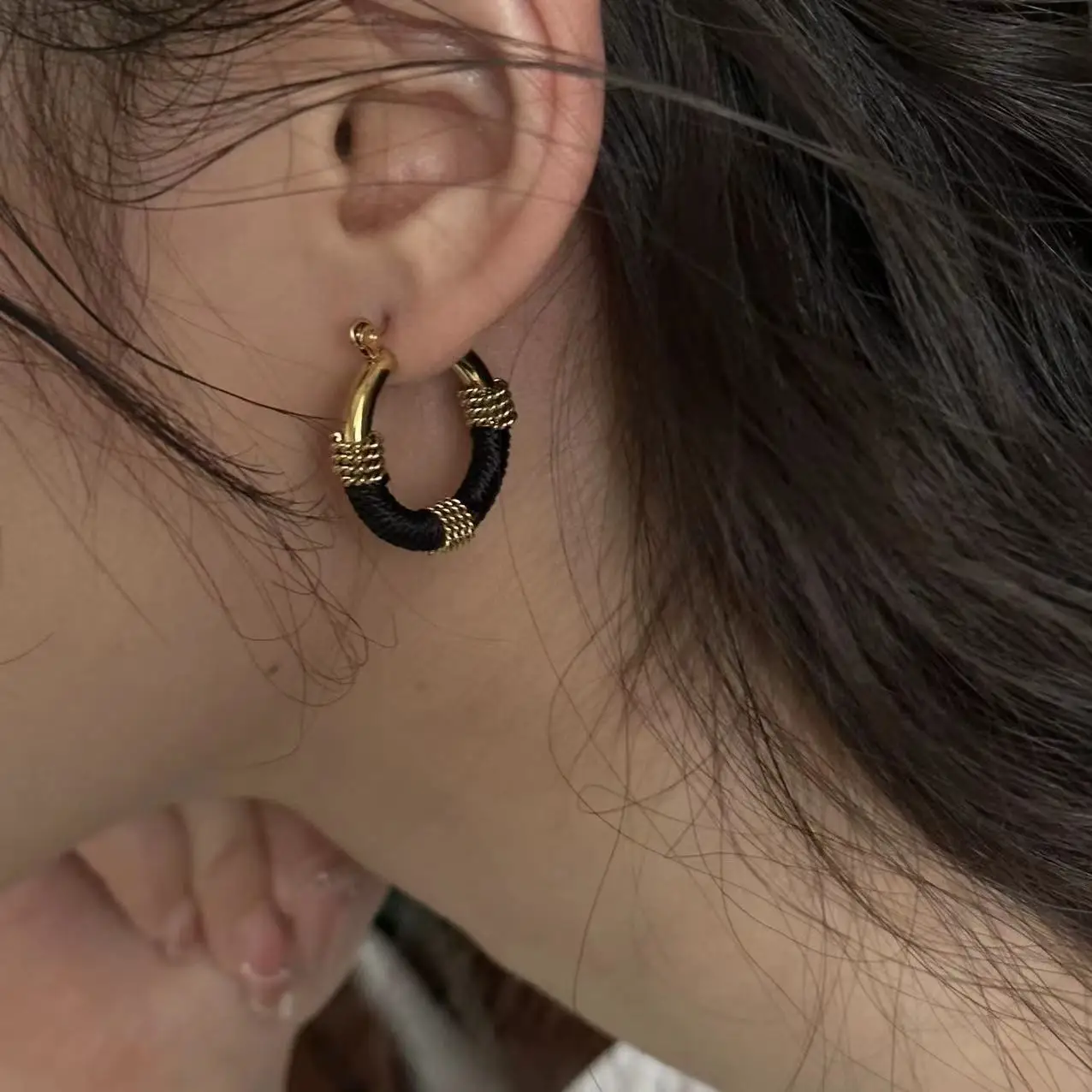 

Brass With 18K Gold Black Braide Hoop Earrings Women Jewelry Punk Party T Show Gown Runway Trendy Korean Japan Israel INS