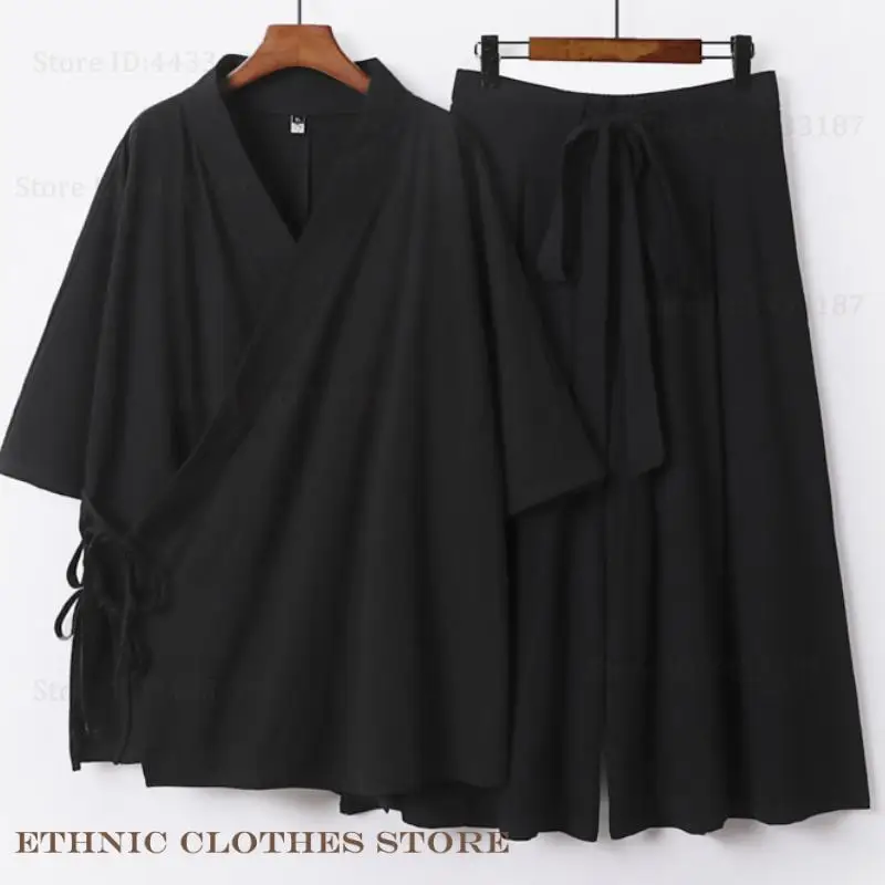 Large Size 3XL-9XL Male Kimono Cardigan Pants 2Pcs Set Traditional Japanese Samurai Costume Yukata Haori Cotton Linen Outwear 