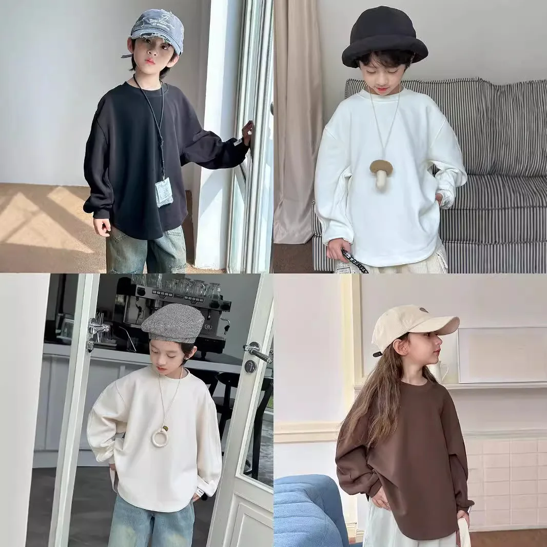 2025 Autumn New Children's Crew Neck Long Sleeve T-Shirt Children's Versatile Solid Color Loose Version Bottom Top