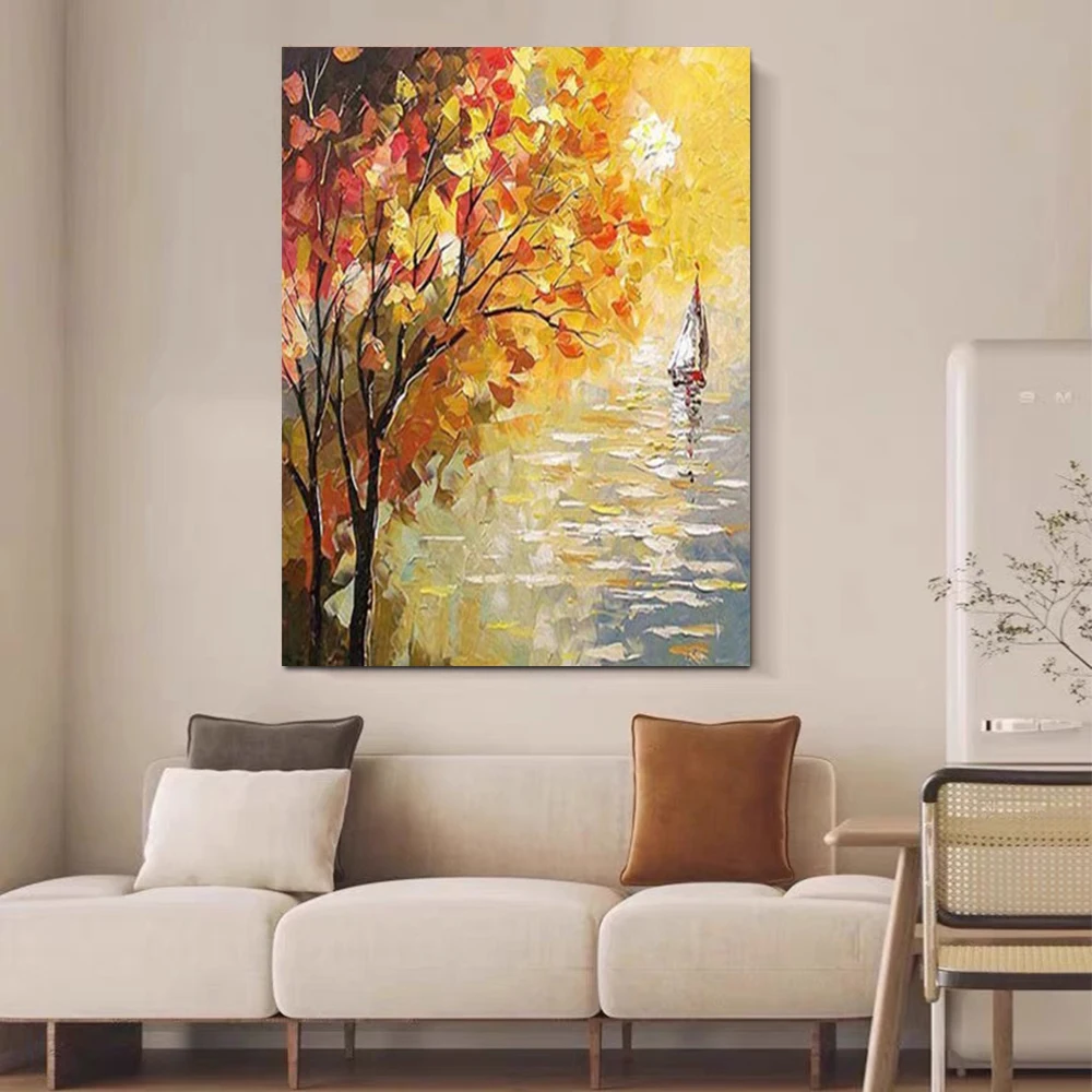 Hand Painted Abstrac Autumn Leaves Wall Art On Canvas Gold and Red Lanscape Oil Painting  For Living Room Office Wall Decoration