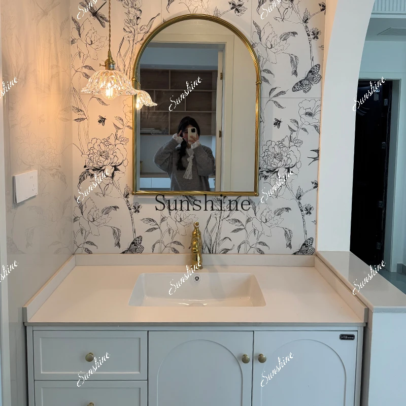 

Bathroom cabinet combination rock slab ceramic integrated basin French retro washstand FT