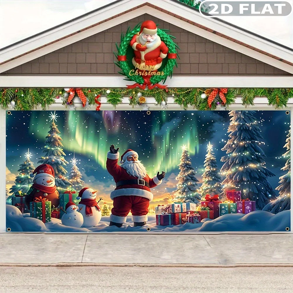 1 قطعة لافتة باب المرآب الكبيرة لعيد الميلاد ، الخلفيات والافتيات الاحتفالية ، البوليستر أورورا والسماء المرصعة بالنجوم سانتا كلوز مشهد الثلج #4