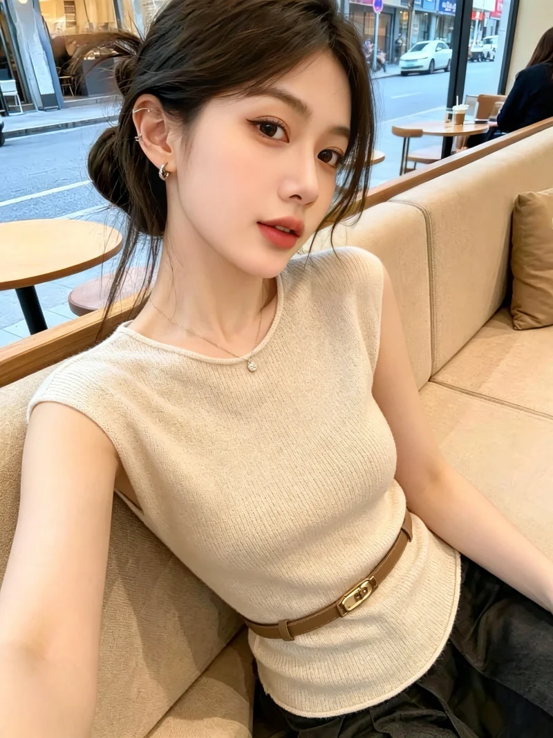 

Korean Style Belted Knitwear Women's Summer Slimming Top round Neck Sleeveless Color Commute Fashion plus Size Silk