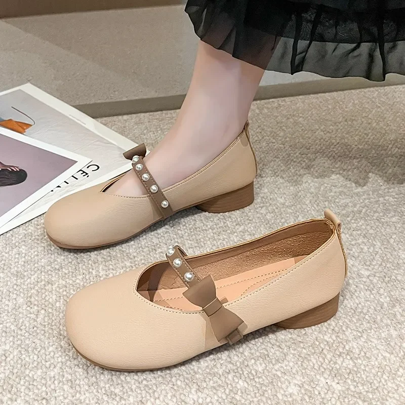 2024 New Fashion Hot-selling Solid Color Round Toe Shallow Slip-on Solid Color Beaded Decorative Women's Heel Shoes Zapatos