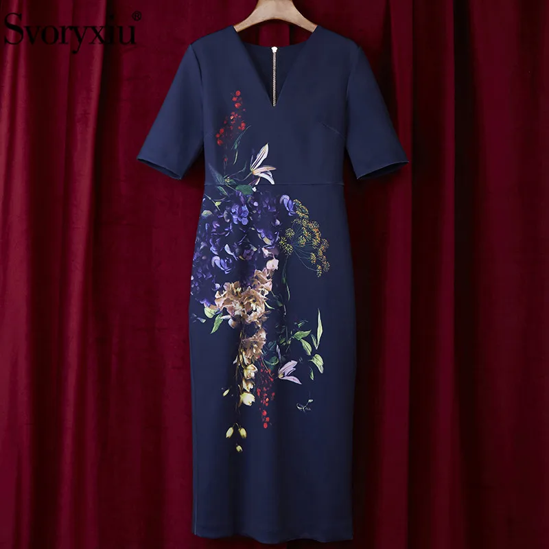 Svoryxiu Designer Fashion Summer V-Neck Dress Women's Short Sleeve Vintage Flower Print Package Buttocks Midi Dresses XXL