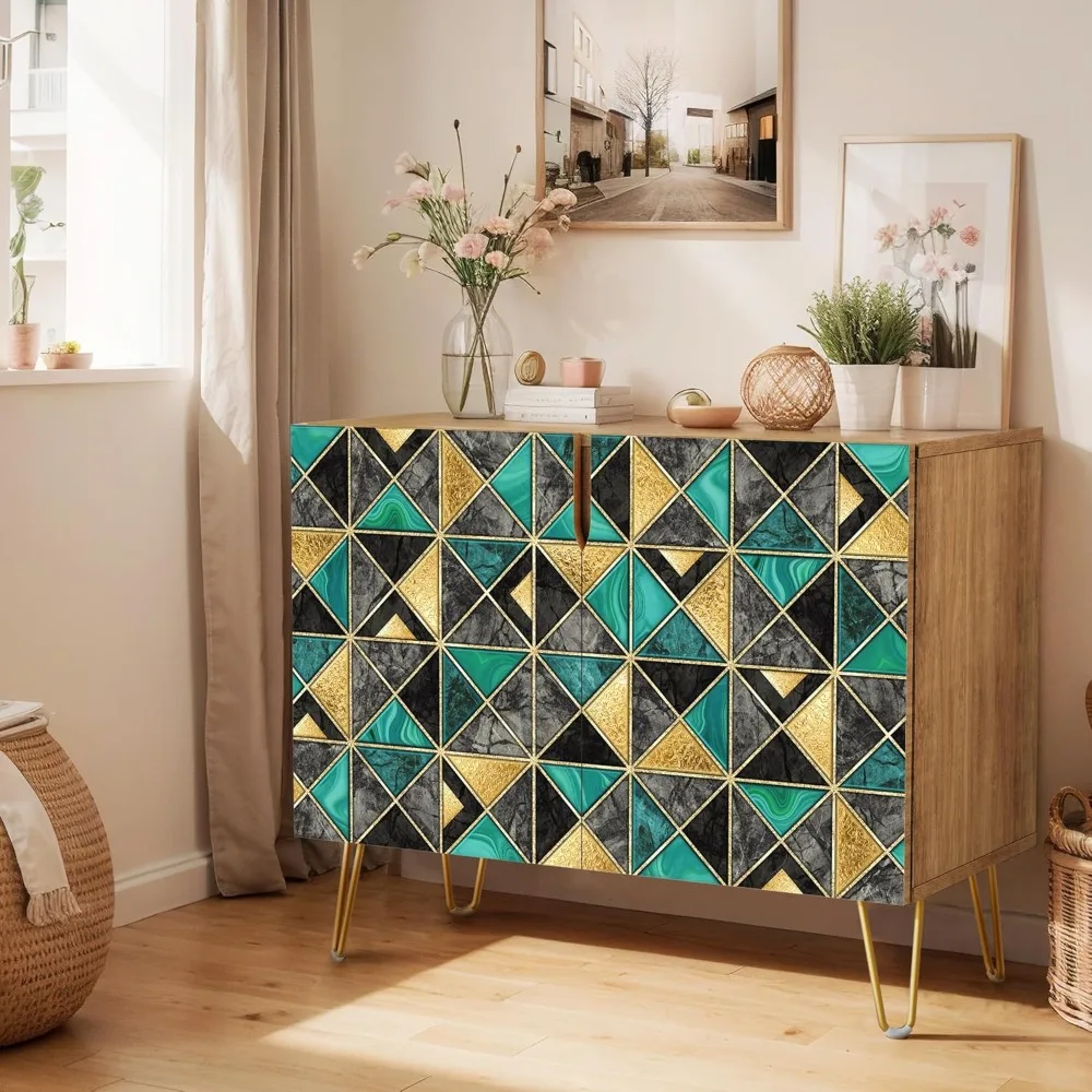 

Sideboard Buffet Cabinet, Kitchen Storage Cabinet with 2 Doors, Gold & Teal Vibrant Tile Patterns, Cupboard Console Table
