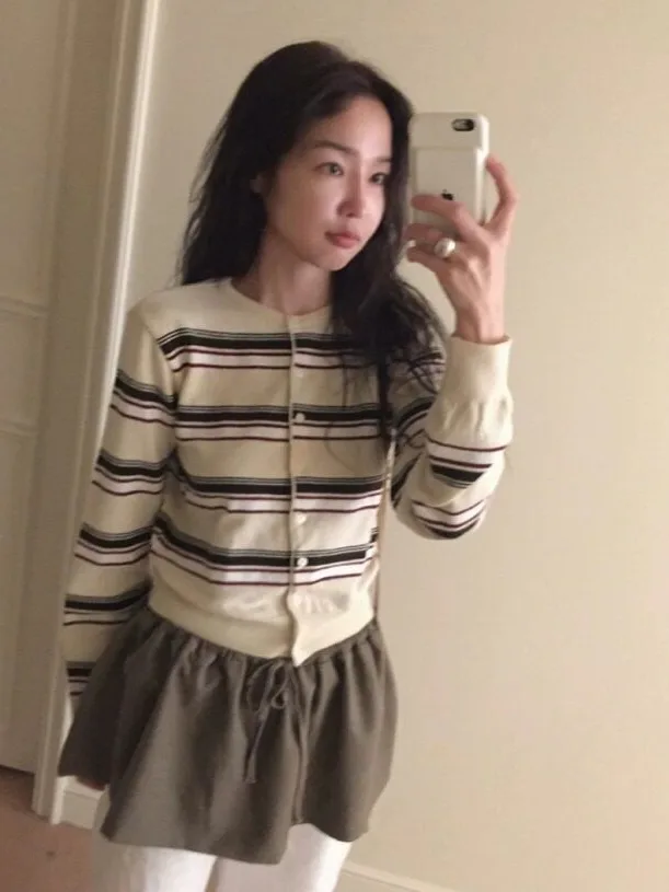 Chic Autumn New Vintage Anti-Aging Versatile Slimming Small Button Long Sleeve Striped Knitted Open Cardigan Sweater for Women