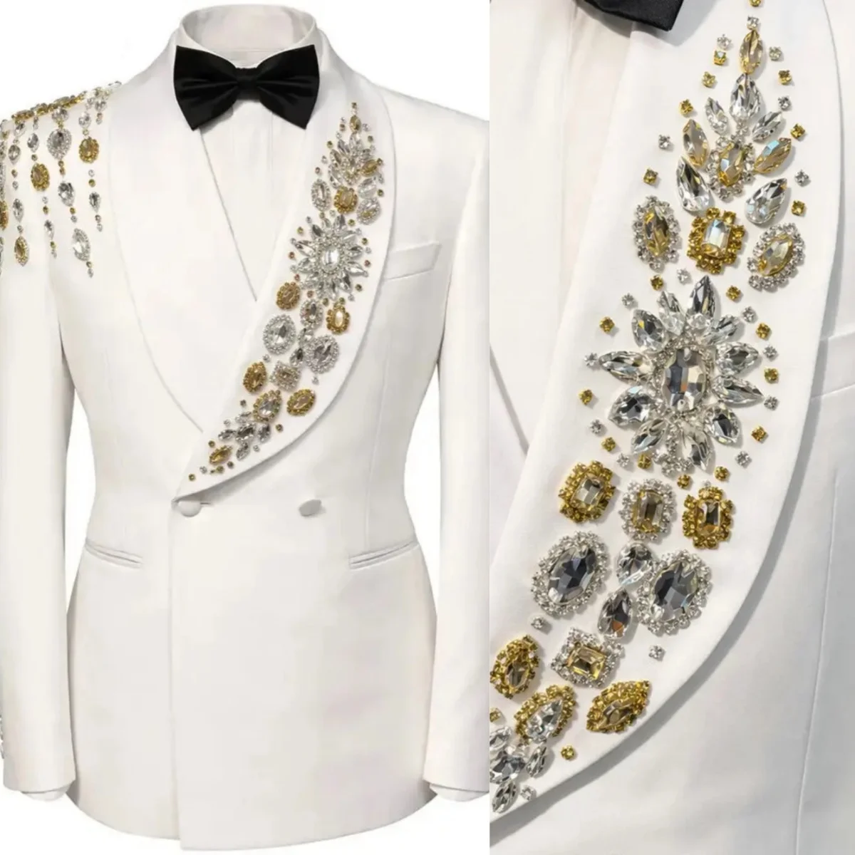 Handsome Wedding Tuxedos 1 Pcs Jacket Crystal Beaded Groom Suit Double Breasted Shawl Lapel Evening Party Outfits Customized