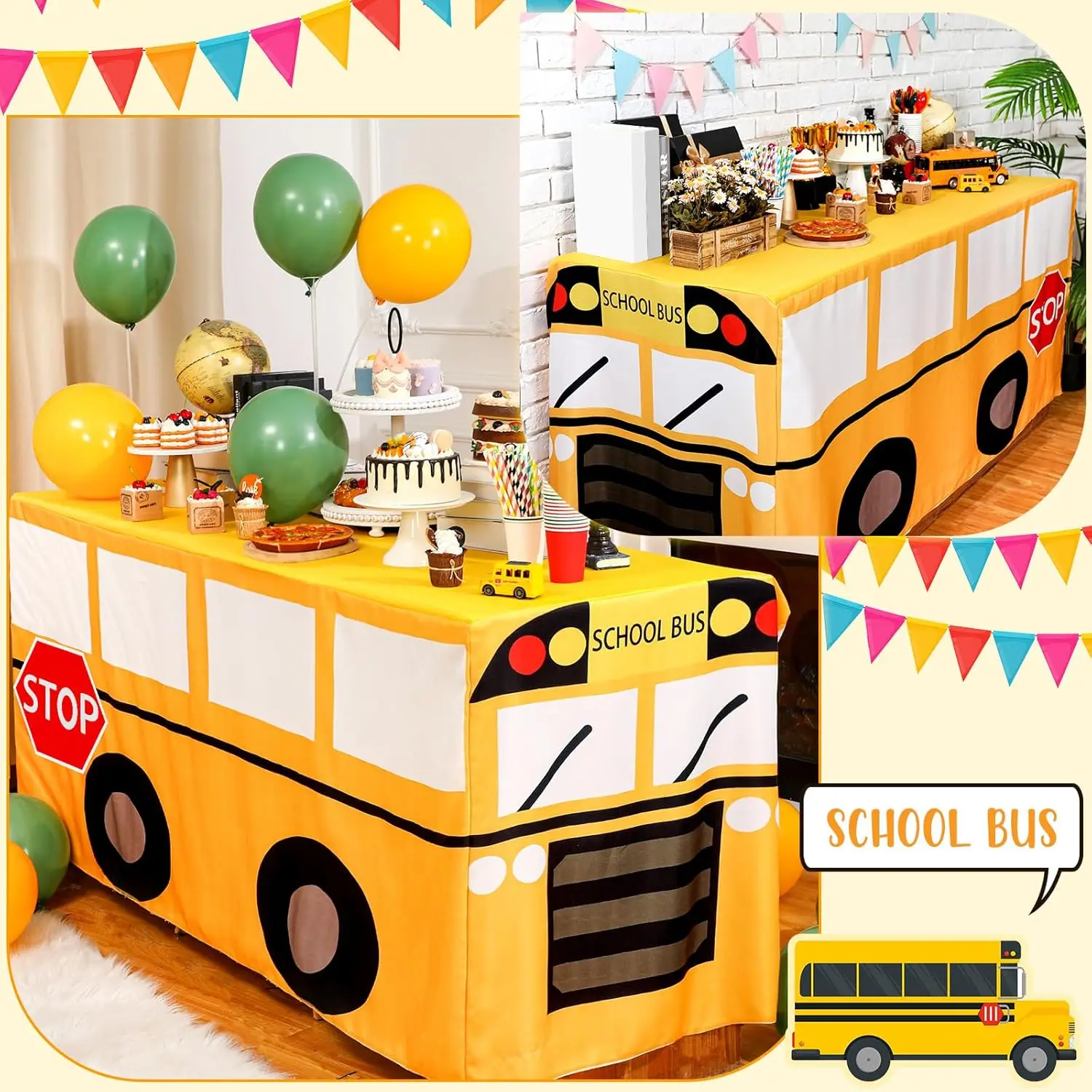Cartoon School Bus Tablecloth Birthday Party Decorations Table Cover Washable Fabric Polyester Suitable for Indoor and Outdoor