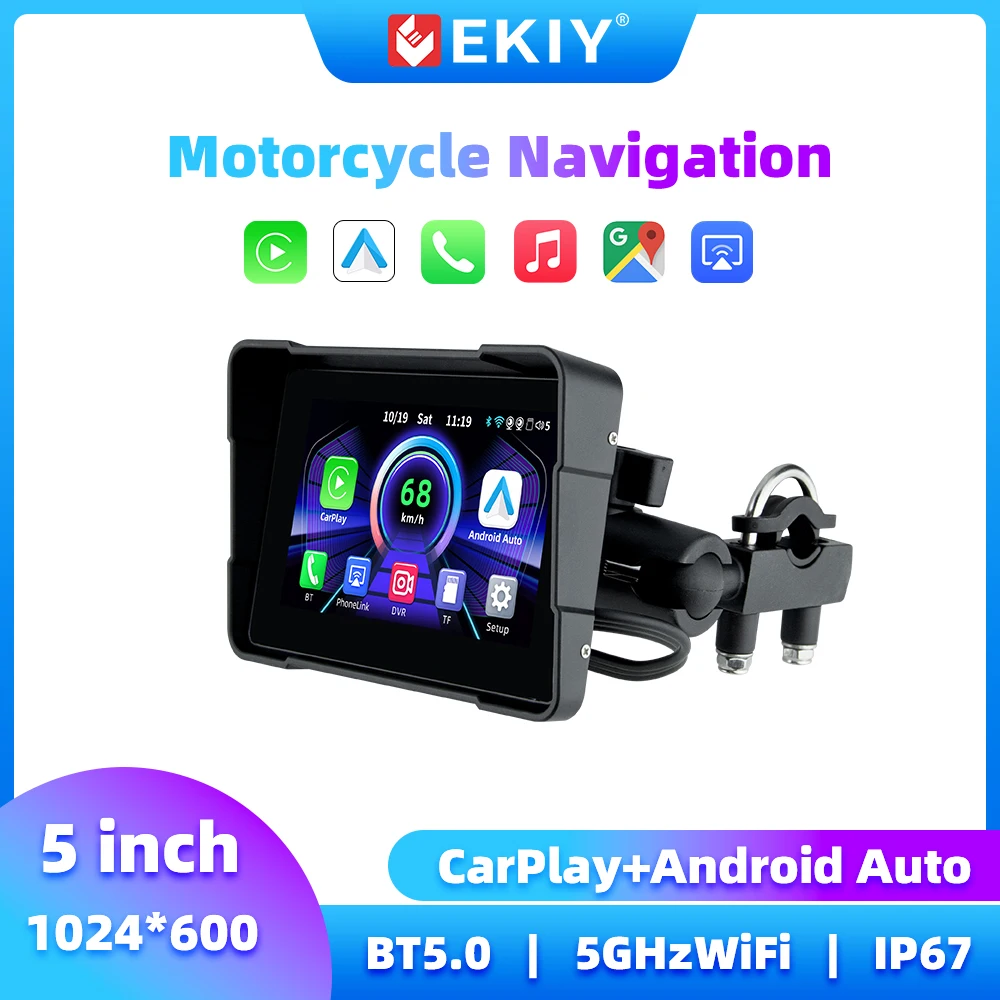 

EKIY 5 Inch Motorcycle Carplay Wireless Carplay Android Auto Monitor Display Motorcycle GPS Screen for Motorcycle Navigation