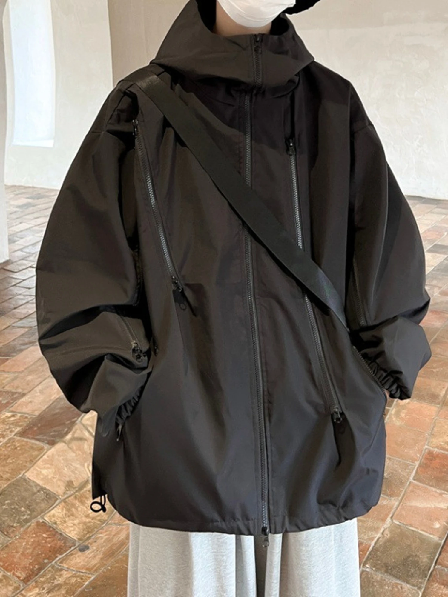 

Unisex Waterproof Hooded Windbreaker Waterproof Jacket Outdoor Functional Techwear Coat Multiple Zippers Adjustable Hem Loose