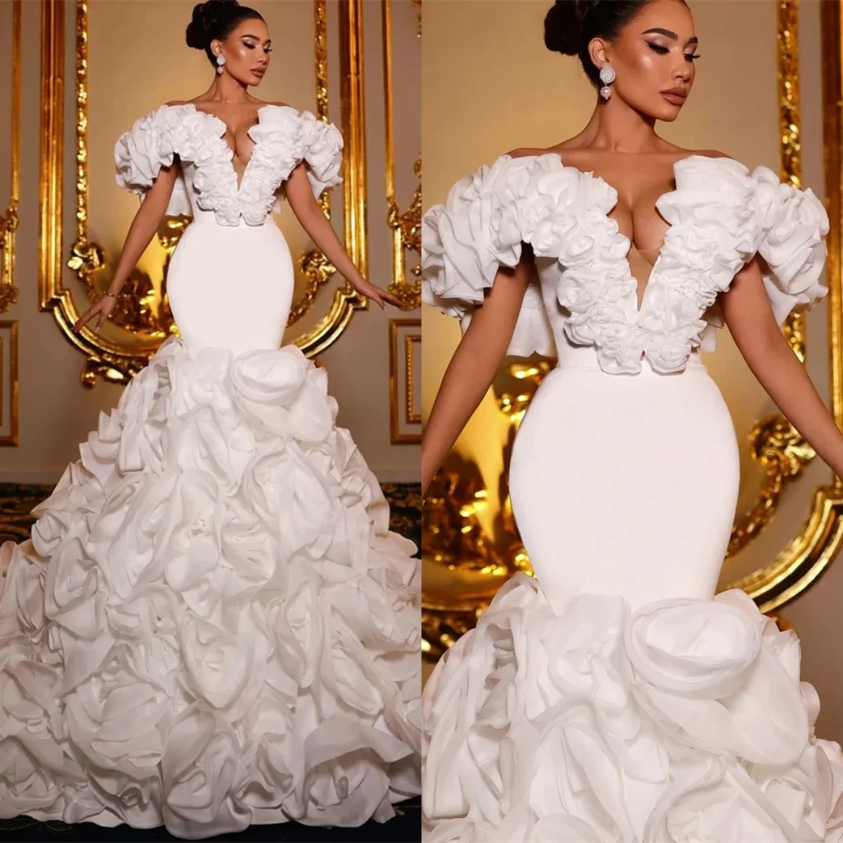 

Luxurious Mermaid Wedding Dress Off Shoulder Sleeveless Bridal Gowns Ruffles Pleat Sweep Train Dresses Custom Made vestidos