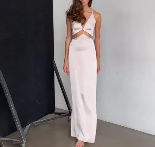 

Sexy Women's Silk Camisole Dress 2025 New Solid Color Sleeveless Hollow Out Backless Lace Up Elegant Long Dress Evening Dresses