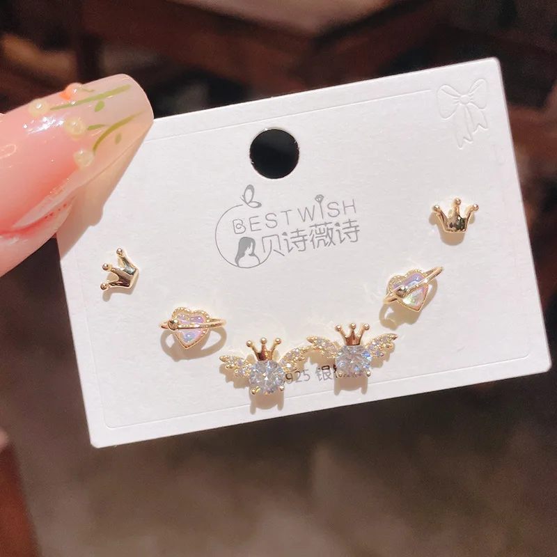 Silver Needle Crown Love Angel Zircon Earrings Six-piece Suit Sweet Small Fresh Fashion Ear Studs