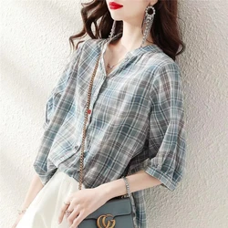 Women Retro Plaid Lace Up Simple Casual Loose Cotton Shirt Summer Korean Style V Neck Short Sleeve Blouse Chic Top Female Blusas