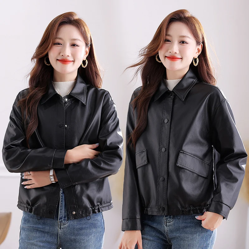 Nuova versione coreana moda invernale versatile giacca corta in pelle Pu per donna cappotto casual allentato colletto primaverile e autunnale femminile