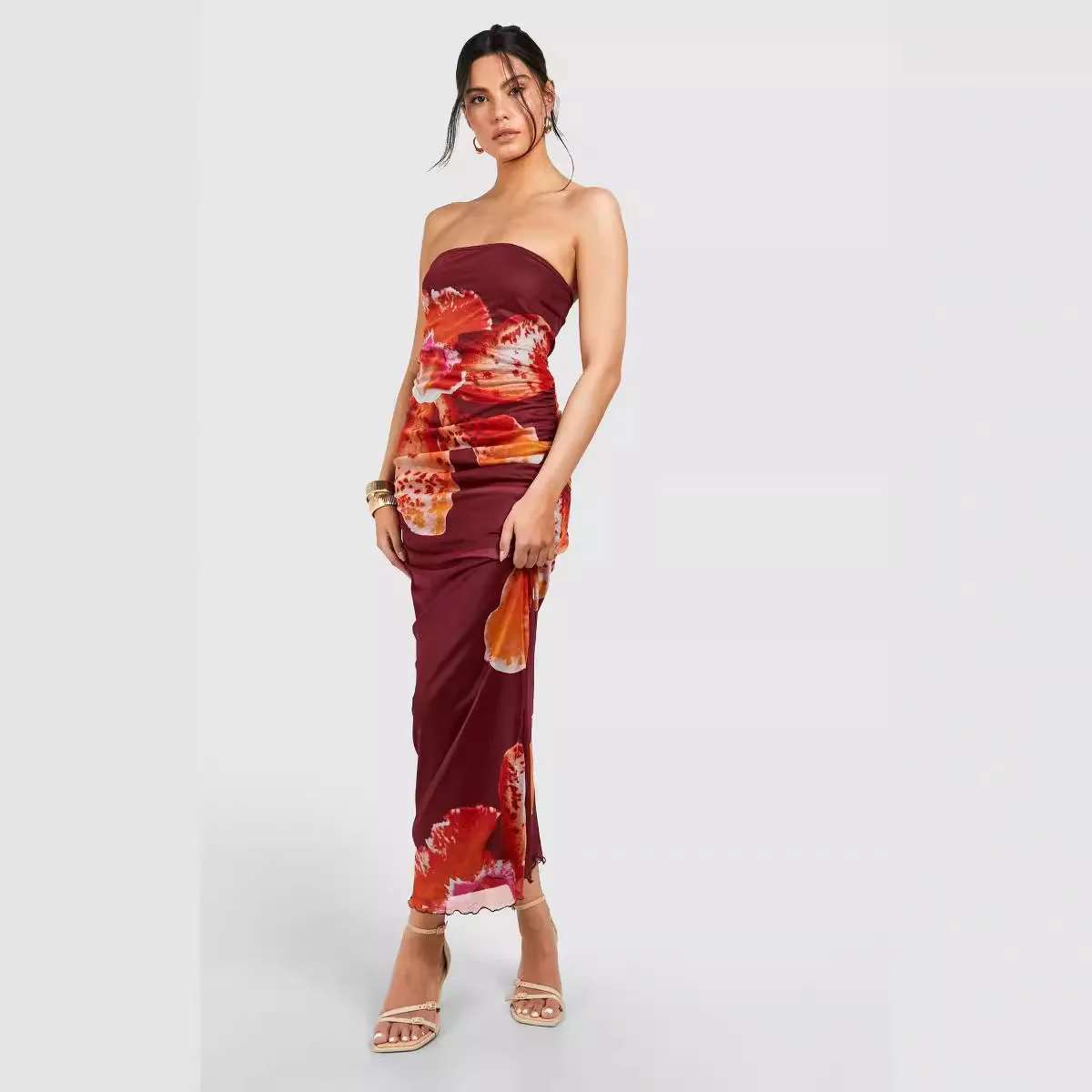 

Sexy Svel Tight Bustier Dr Net Gauze Pleated Print High Waist Wrap Bodycon Dr for Women Cross-Border E-commerce