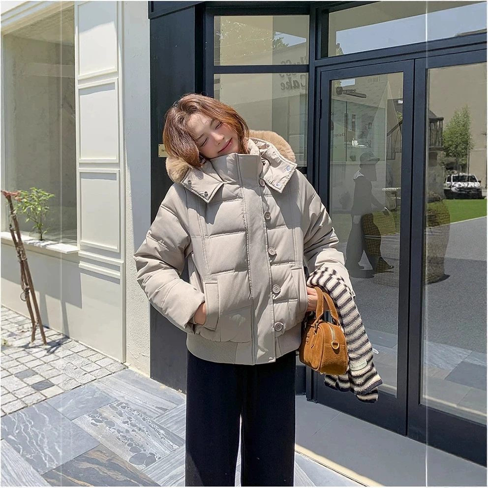 

Navy Blue Retro Big Fur Collar Hooded Cotton Jacket Women's Winter Short Thick Parkas