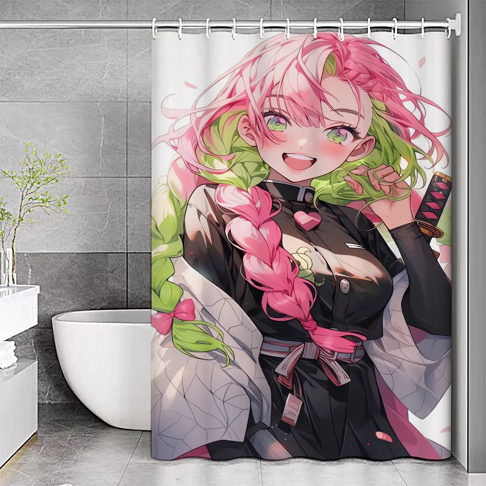 Kawaii Anime Girl Demon Slayer Nezuko Bath Curtain Pink Sakura Shower Curtains Bathroom Decoration Shower Curtain With Hooks