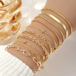 10 Piece Alloy Basic Men's and Women's Bracelet Set, Cuban Chain Fashionable Minimalist Multi-layer Chain Bracelet