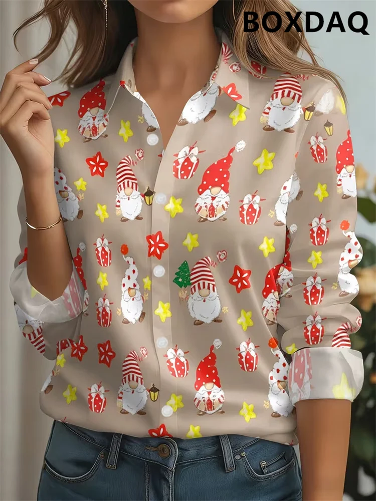 Ladies' Santa Claus Gift 3D Full Print Blouse Long Sleeve Button Lapel New Style Christmas Shirts Casual New Year Women's Top