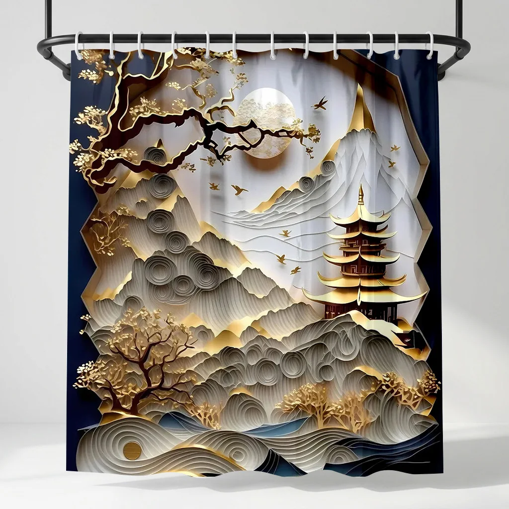 

3D-шторка для душа с изображением восточного пейзажа, золотая пагода и горы, декор для ванной, китайская дзен-шторка из ткани для ванной комнаты