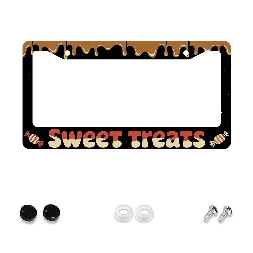 

1 шт. коричневый и черный узор Sweet Treats, рамка номерного знака с 2 отверстиями, алюминиевый материал, 6x12 дюймов, с комплектом винтов, Fun Cartoo