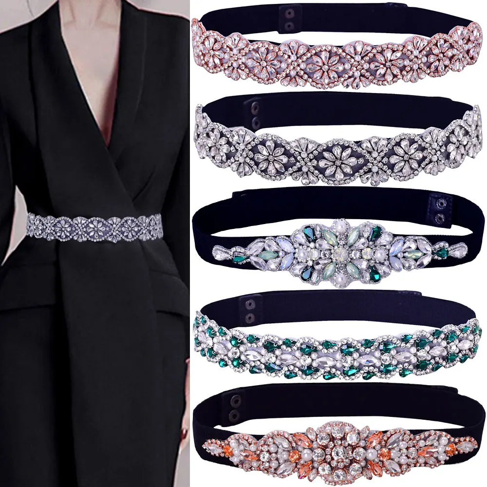 TOPQUEEN kobiety sukienki elastyczny pas moda świecący Rhinestone Stretch pas podróży strona dekoracji Plus rozmiar spersonalizowany
