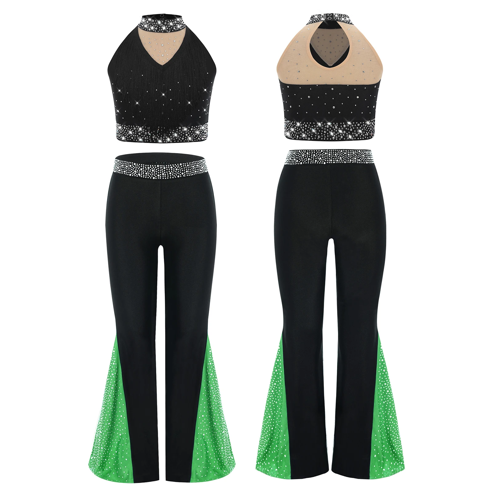 

Kid Girl Sparkly Dance Outfit Children Rhinestones Figure Ice Skating Rhythmic Gymnastic Tassel Tops Pants Dancewear Active Wear