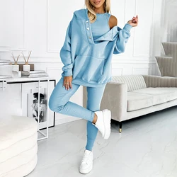 2 pz/set donne primavera Casual Outfit felpa a maniche lunghe con cappuccio pantaloni da jogging Set comoda tuta in tinta unita