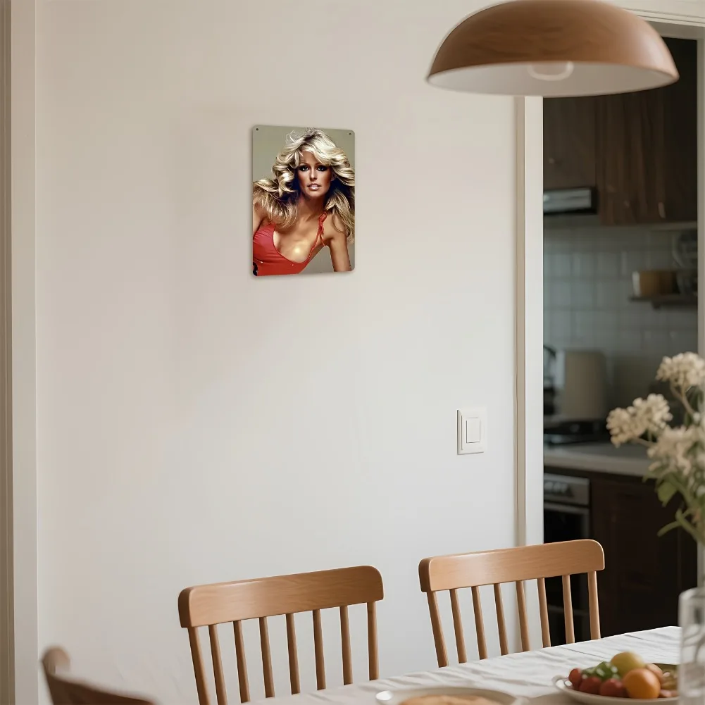 مسطح ثنائي الأبعاد، قطعة واحدة من ملصق Farrah Fawcett Vintage Pin-Up - ديكور فني جداري معدني ريترو هوليوود جلامور - لافتة ألومنيوم متينة