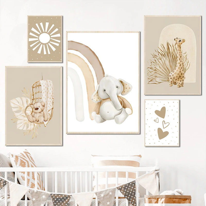 

Nursery Canvas Poster Cartoon Elephants Giraffes Bear Wall Art Print Minimalist Nordic Decor Picture Baby Kids Bedroom Decor
