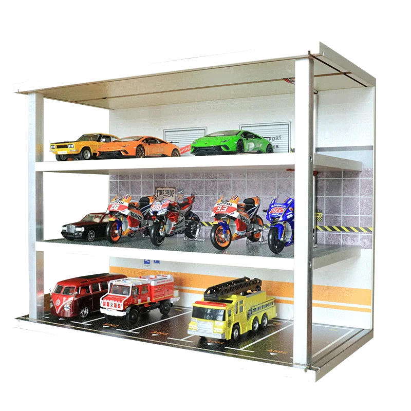 Car Model Storage Cabinet, Display Cabinet, Scene Model of Solid Wood, Parking Lot and Garage, Dust Proof Storage Box Lamp 1: