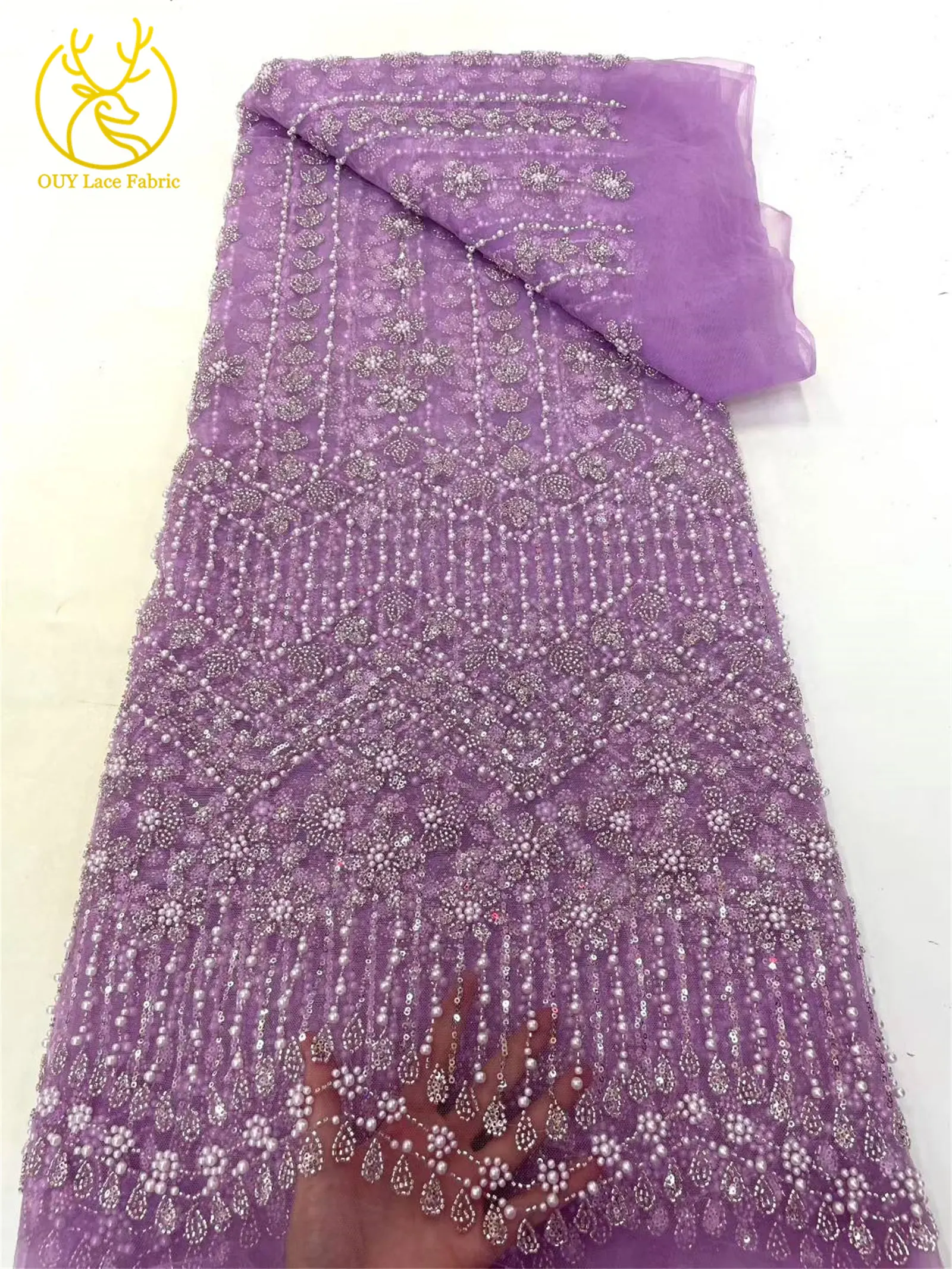 高級フレンチメッシュビーズレース生地 2025 高品質スパンコール刺繍チュールアフリカ生地女性のパーティードレス縫製