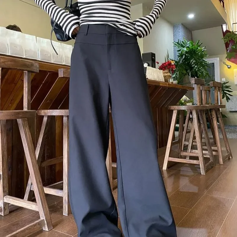 Damskie czarne spodnie garniturowe z szerokimi nogawkami, wysoki stan, drapowane, wąska wersja, spodnie na wiosnę i jesień, codzienne, proste, luźne.